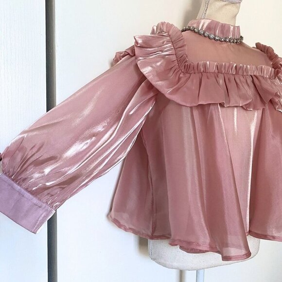 SISTER JANE OLD PINK RUFFLE RHINESTONE ORGANZA LOOSE FIT BLOUSE - XS - Picture 5 of 14